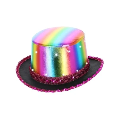 Image of Smiffys LED Light Up Metallic Top Hat, Rainbow with Elastic Inner Rim, Party &amp; Carnival Fancy Dress, Adult Dress Hats