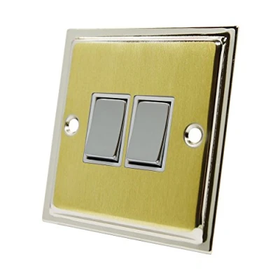Image of Slimline Duo Satin Brass Polished Chrome 2 Gang Switch White Insert Metal Rocker Switches 10 Amp Double Way Light