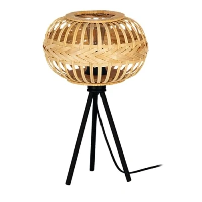 Image of Eglo Tripod Bedside lamp Amsfield 1, Boho Style Light Fixture, Living Room and Bedroom Lighting, Black Metal Natural Coloured Bamboo, E27 Socket, 16 in