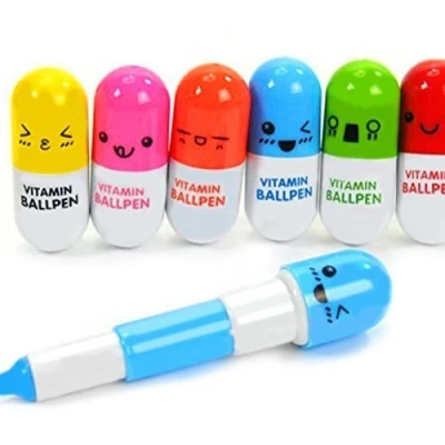 Image of 6Pcs Mini Retractable Vitamin pill pen with six cute emoticons Novelty Capsule Ball Favor Gift Random Color Durable and Useful