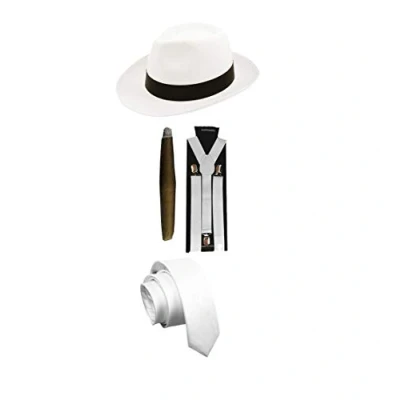 Image of MENS GANGSTER PIMP THEME WHITE BLACK HAT BRACES TIE CIGAR 1920&#039;S PARTY OUTFIT (White Full Costume)