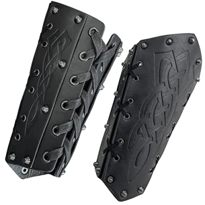 Image of HiiFeuer Medieval Embossed Arm Bracers, Retro Faux Leather Knight Gauntlets, Vintage Guards(Black A)