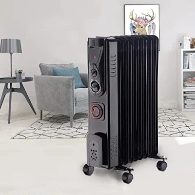 Image of NRG 2KW Oil Filled Radiator 9 Fins Portable Electric Heater Built in Timer Adjustable Thermostat Safety Cut Off Black