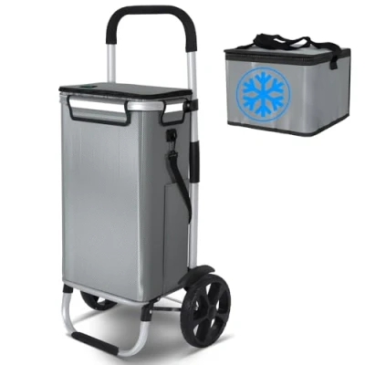 Image of VOUNOT Folding Shopping Trolley, Aluminium Lightweight Basket with Insulated Cooling Bag, Waterproof Fabric, Mudguard Stair Climbing Wheels Grocery 57L Grey