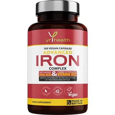 Image of Iron Supplement, 20mg Maximum Strength Anti Fatigue Complex 180 Vegan Capsules not Tablets for Men &amp; Women with Vitamin B12, Folic Acid, C, B6, Zinc, Copper Made in The UK by YrHealth