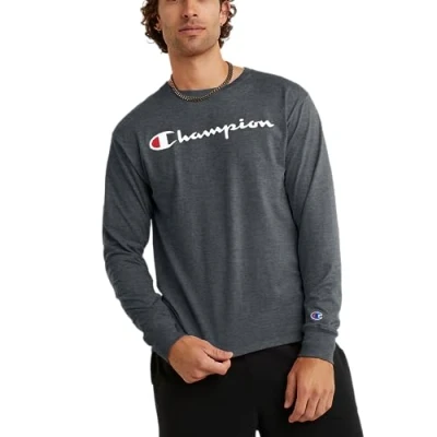 Image of Champion Men&#039;s Classic Graphic Long Sleeve TEE T Shirt, Granite Heather, XX Large