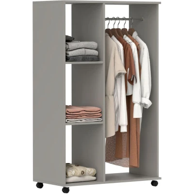 Image of HOMCOM Open Wardrobe on Wheels with Clothes Rail, Bedroom Storage Hanging Rod, 3 Shelves, Mobile Garment Rack for Cloakroom, Hallway, Grey