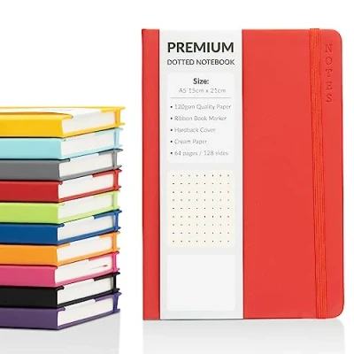 Image of Bullet Journal A5 Dotted Notebook with Faux Leather Hardback Cover and Premium 120gsm Thick Dot Grid Paper (128 Cream Pages, Red)