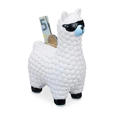 Image of Relaxdays Lama with Sunglasses Savings, Gift and Decoration, Ceramic Piggy Bank, White, 15.5 x 11 6 cm