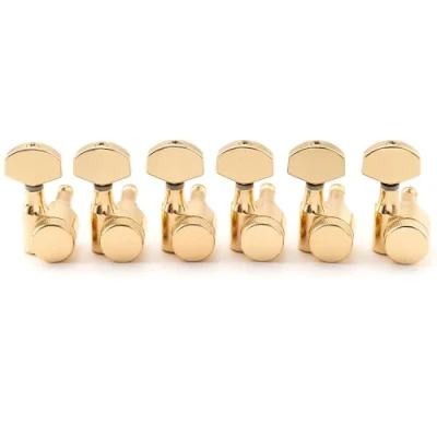 Image of Musiclily Pro 6 in line 15:1 Ratio 1 Pin Full Sealed Locking Machine Heads Tuners Tuning Pegs Keys with Hex Button for SQ Strat Tele Style Electric Guitar, Gold