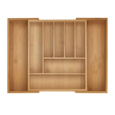 Image of Relaxdays Cutlery Tray, 7 9 Compartments, 5 x 28 44.5 33.5 cm, Extendable Drawer Organiser, Bamboo, Kitchen, Natural, Silicone