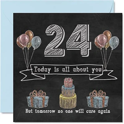 Image of Funny 24th Birthday Cards for Men Woman Chalk Blackboard Happy Card Nephew Daughter Son Sister Brother Auntie Niece Uncle Cousin, 145mm x Humour Banter Greeting
