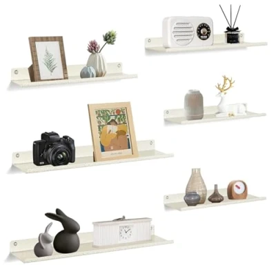 Image of Uten Floating Shelves, Rustic Iron Wall Shelves Set of 6, Decorative Photo Book Display for Bedroom, Living Room, Kitchen, Bathroom and Office, White with Gold Specks