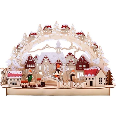 Image of BRUBAKER 3D LED Light Arch Candle Winter Landscape with Old Town Lighting Natural Wood 17 x 11 4 Inches Hand Painted