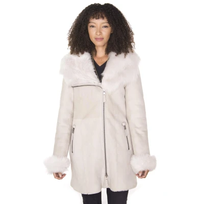 Image of Infnity Leather Women&#039;s Off White Frost Grey Hooded Suede Merino Shearling Sheepskin Jacket XL