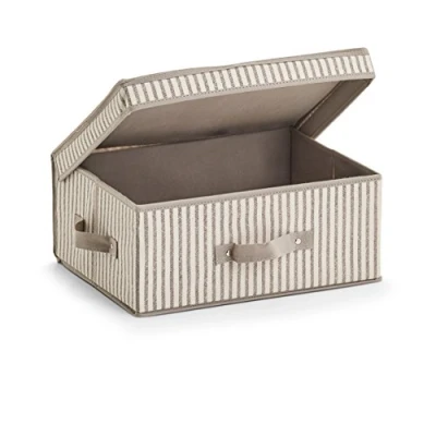 Image of Zeller Stripes 14645 Storage Box with Lid Fleece Beige 38 x 29 16.5 cm