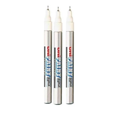 Image of Uni Colour Extra Fine (0.8mm) PX 203 Silver Oil Paint Marker Pen Metal Glass Wood Plastic Stone Outdoor mm Nib Tip (Pack Of 3)