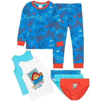 Image of Paddington Bear Kids Pyjama Set Blue &amp; Red 7 Piece T Shirt Bottoms Pjs for Boys and Girls Loungewear Bundle with 2 Vests 3 Underwear Pants Graphic Nightwear Gift Children