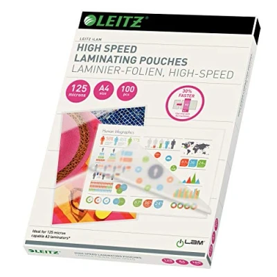 Image of Leitz A4 Speed hot laminating pouches, pack of 100, glossy, transparent, film thickness 125 mic, pouches for 30% faster lamination, premium quality, 74300002