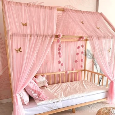 Image of Baby Fancyroom House Bed Canopy Pink for Cot Children&#039;s Room Curtain Girls Princess (Sky without Butterflies, 380 cm)