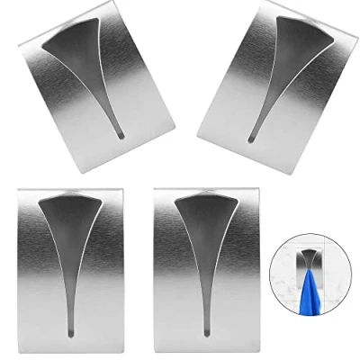 Image of 4Pcs Self Adhesive Metal Towel Holders, Stainless Steel Hand Hook Tea Rack for Bathroom Kitchen, Wall Mount Bath Hanger No Drilling Required