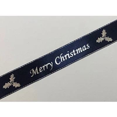 Image of Merry Christmas Navy Satin Ribbon with Silver Edge 25mm x 1 Metre Cut from roll