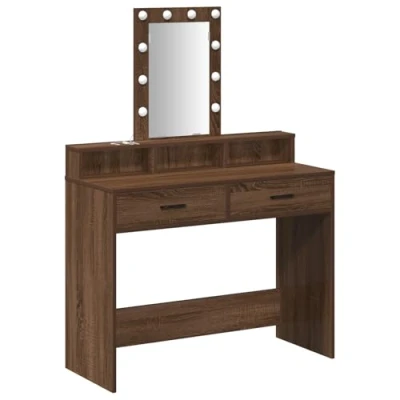 Image of vidaXL brown oak vanity table with storage 100 x 41 140 cm dresser LED mirror for bedroom