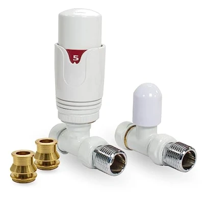 Image of Thermostatic TRV Straight White Radiator Valves 1/2&quot; x 15mm with Brass Reducer Compression Valve to 10mm