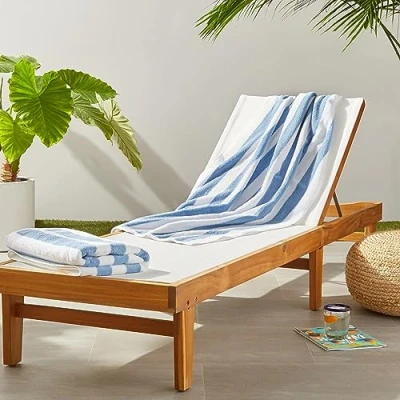 Image of Amazon Basics 100% Cotton Terry Cabana Stripe Pool &amp; Beach Towel, Soft Absorbant, 2 Pack, Sky Blue, 76 x 152 cm