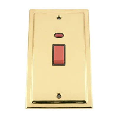 Image of Cooker Switch w/Neon 45 Amp Tall Plate Polished Brass Victorian Black Insert