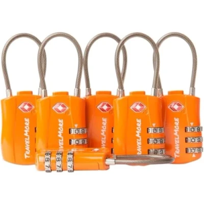 Image of 6 Pack TSA Approved Travel Combination Cable Luggage Locks for Suitcases &amp; Backpacks Orange