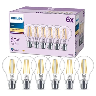Image of PHILIPS LED Classic A60 Light Bulb 6 Pack [Warm White 2700K B22 Bayonet Cap] 60W, Non Dimmable, for Home Indoor Lighting