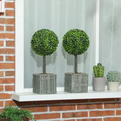 Image of HOMCOM Set of 2 Artificial Plants, 50cm Faux Boxwood Topiary Balls, Green