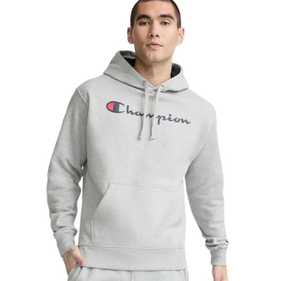 Image of Champion Men&#039;s Graphic Powerblend Fleece Hood Sweatshirt, Oxford Grey/Champion Script, S