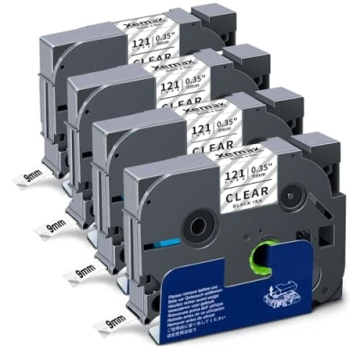 Image of 4X XemaX Label Tape Compatible for Brother Printer 9mm TZe 121 Black on Clear P Touch Maker PT E110 H100R H100C H105 H110 E550W 1010 E100 H108 1000