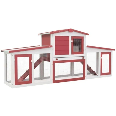 Image of vidaXL Outdoor Large Rabbit Hutch Red and White 204x45x85 cm Wood