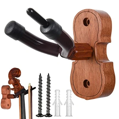 Image of PW TOOLS Wall Mount Violin Hanger Hook, 1Pack Guitar Hooks for Wall, Mahogany Wood Holder Stand, Cello Viola Ukulele String Instrument Accessories