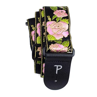 Image of Perri’s Leathers Ltd. Guitar Strap Nylon Jacquard Pink Metallic Rose Black Adjustable For Acoustic/Bass/Electric Guitars Made in Canada (TWS 7250)