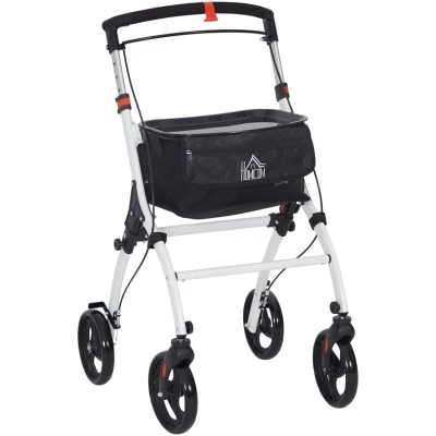 Image of HOMCOM Folding Upright Rollator Walker with Lightweight Walking Frame, Storage Bag, Tray, Dual Brakes, Adjustable Handle Height, Mobility Aid Rolling 4 Wheeled for Seniors, White