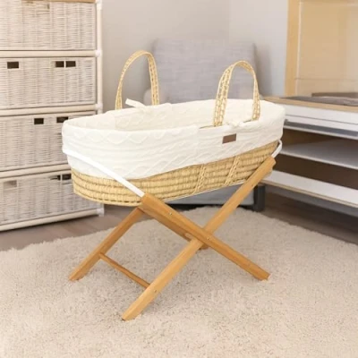Image of Kinder Valley White Knitted Moses Basket with Natural Folding Stand, Fibre Mattress &amp; Padded Liner