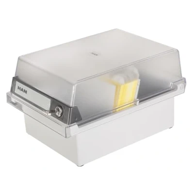 Image of HAN 966 S 631, Card filing box Special Edition A6 landscape. Innovative, attractive design holds 800 cards with lock, readjustable lid supplied large inscription label, light grey translucent