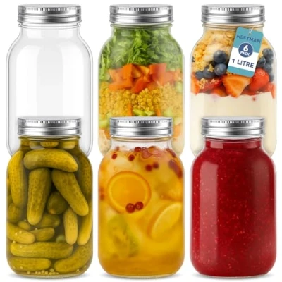 Image of HEFTMAN Glass Mason Jars with Lids 1L Set of 6 Air Tight for Overnight Oats, Homemade Jam, Baby Food Storage, Meal Prep Jars, Pickling Large (1 Litre)