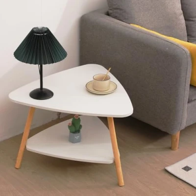 Image of Rainbow Tree 2 Tier Simple Coffee Table Sofa Side for Living Room, Modern End Bedside Tables Dinner Wooden with Solid Legs (Triangular White)