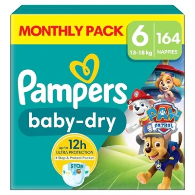 Image of Pampers Baby Dry Paw Patrol Edition Size 6, 164 Nappies, 13kg 18kg, Monthly Pack, with A Stop &amp; Protect Pocket to Help Prevent Leaks at The Back