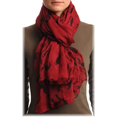 Image of LissKiss Moustaches Print On Burgundy Red Unisex Scarf &amp; Beach Sarong Designer