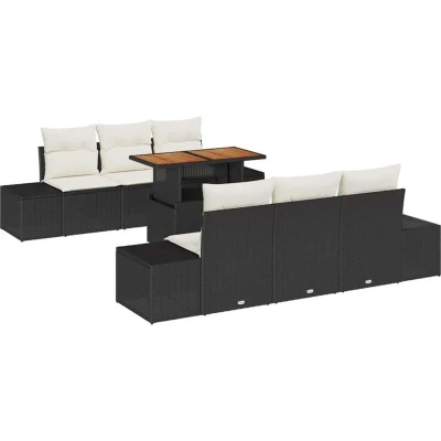 Image of vidaXL 7 Piece Garden Dining Set with Cushions Black Poly Rattan Acacia