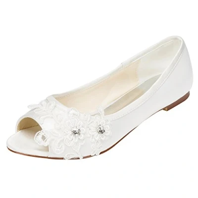 Image of Emily Bridal Wedding Shoes Women&#039;s Satin Flat Heel Peep Toe with Crystal (EU39/UK6, Ivory)