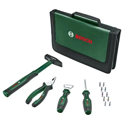 Image of Bosch Home and Garden Easy Starter Hand Tool Set 14 Piece (Starter Kit for Basic Household DIY Tasks; Combination Pliers, Screwdriver, Bottle Opener, Hammer; 10 Bits)