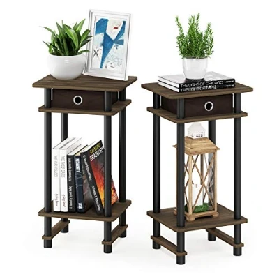 Image of Furinno Turn N Tube 2 Pack Tall End Table, Side Table with Bin, Columbia Walnut/Black/Dark Brown