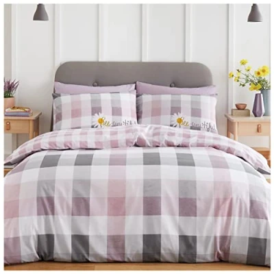 Image of GC GAVENO CAVAILIA Polycotton Check Duvet Cover Single, Sunflower Bedding Quilt Covers With Matching Pillow Case, Blush Pink